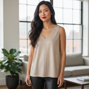 City Streets Champagne Beige with Metallic Sheen V Neck Slinky Top Size 2X